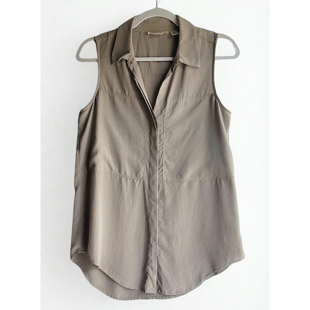 Max Studio Taupe Sleeveless Collared Button Lightweight Silk Blouse Women's XL
